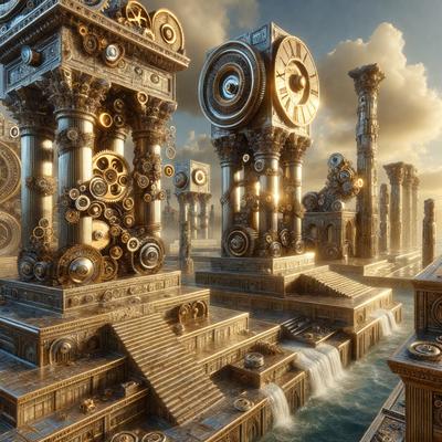The primary subject of the image is a large, intricate clock tower with a waterfall in the background. The setting is a futuristic, industrial environment with a combination of stone and metal structures. The visual style is a digital art or illustration, creating a unique and captivating scene. The colors and mood are predominantly dark and moody, with the clock tower and waterfall serving as the focal points of the image.